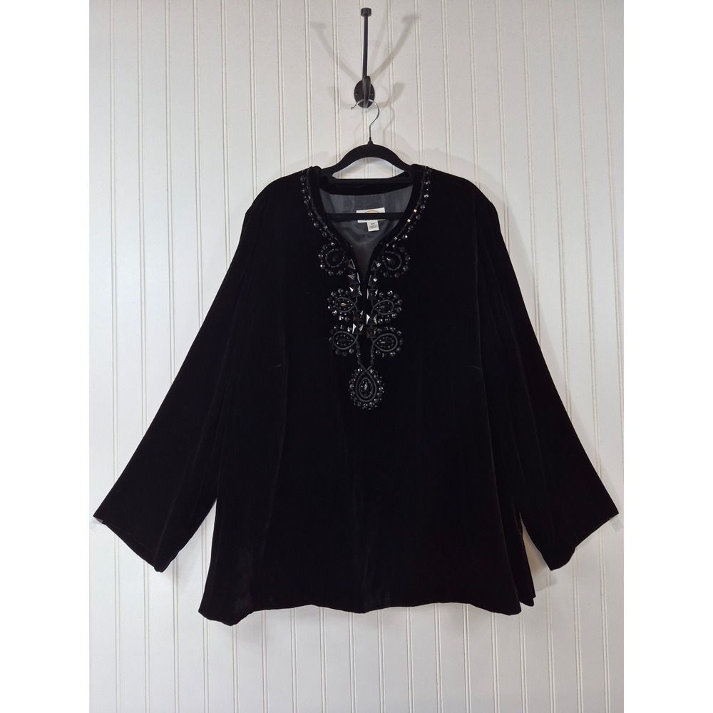 Vintage Talbots Black Silk Blend Velvet Beaded Tunic Top 18W Evening Studded